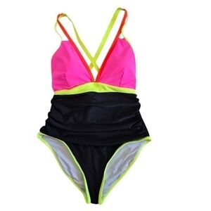 Popvil One Piece Swimsuit Neon Pink Black Ruched Colorblock XL New